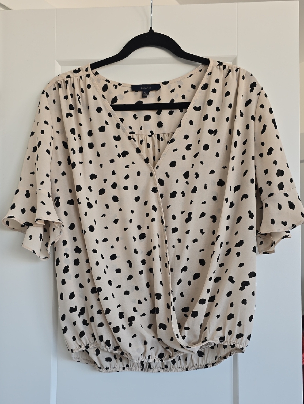 Cream Top with Black Spot Print and Flutter Sleeves